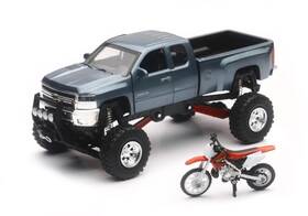 Ss-54426 Eazymove New Ray Toys 1 43 Scale Gray Chevy Silverado 4x4 With Honda Dirt Bike Motorcycle